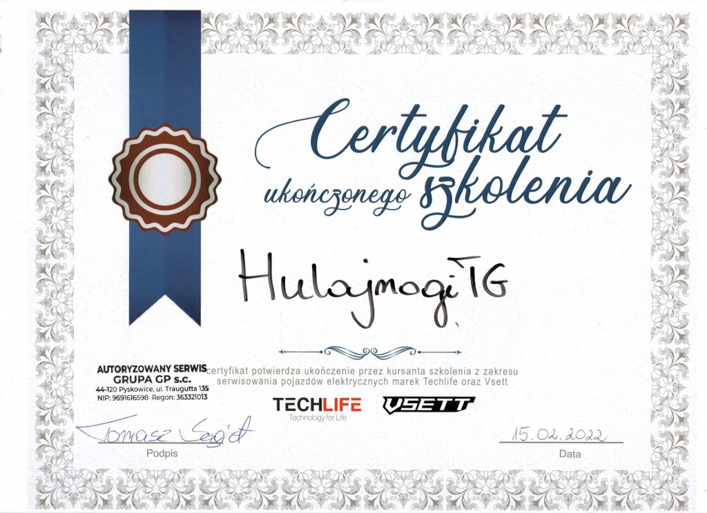 certyfikat szkolenia hulajnogiTG od Techlife i Vsett